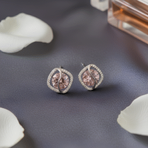 Roselle Curve Stud Earrings – pink square stone earrings with silver curve detail