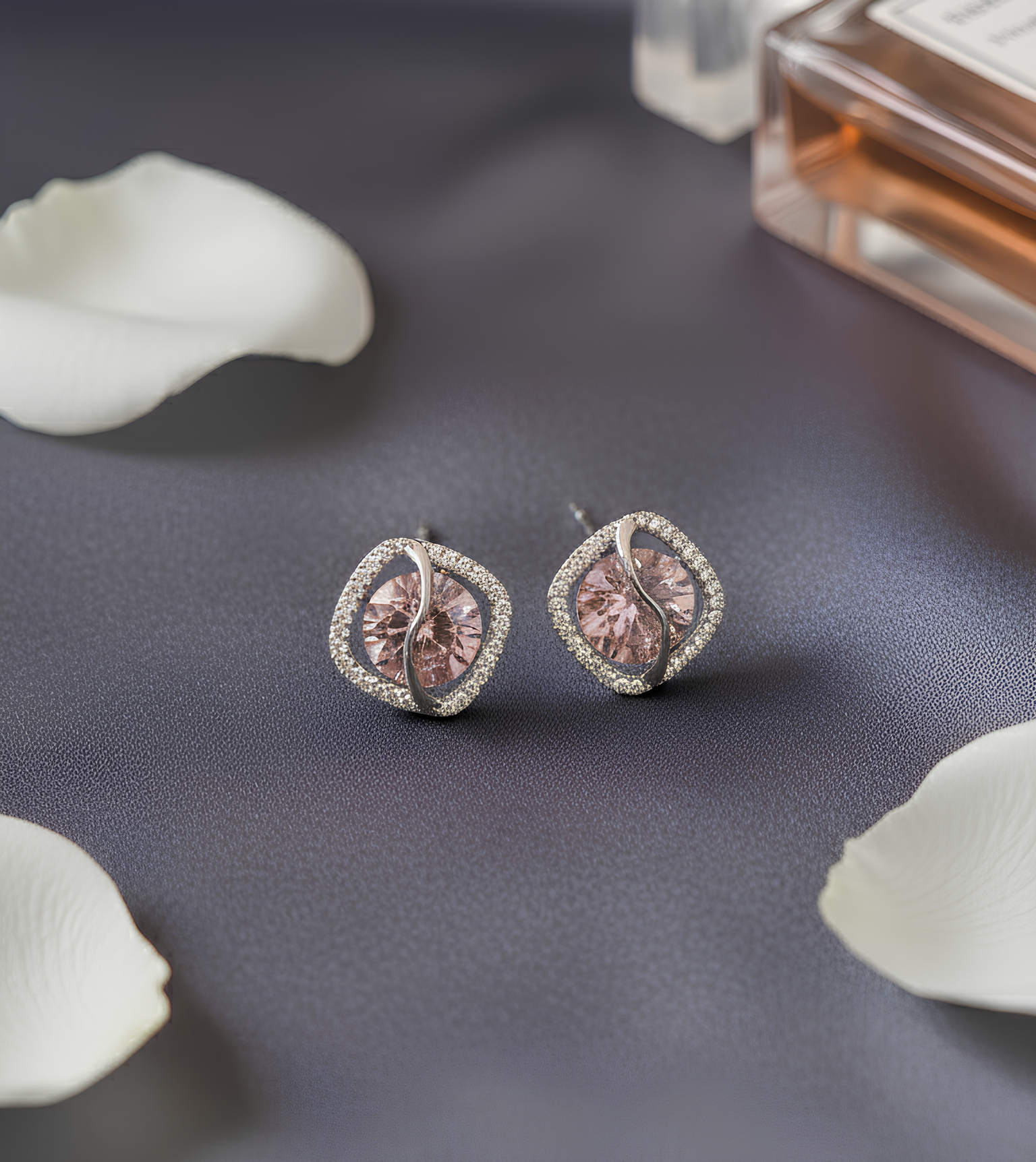 Roselle Curve Stud Earrings – pink square stone earrings with silver curve detail