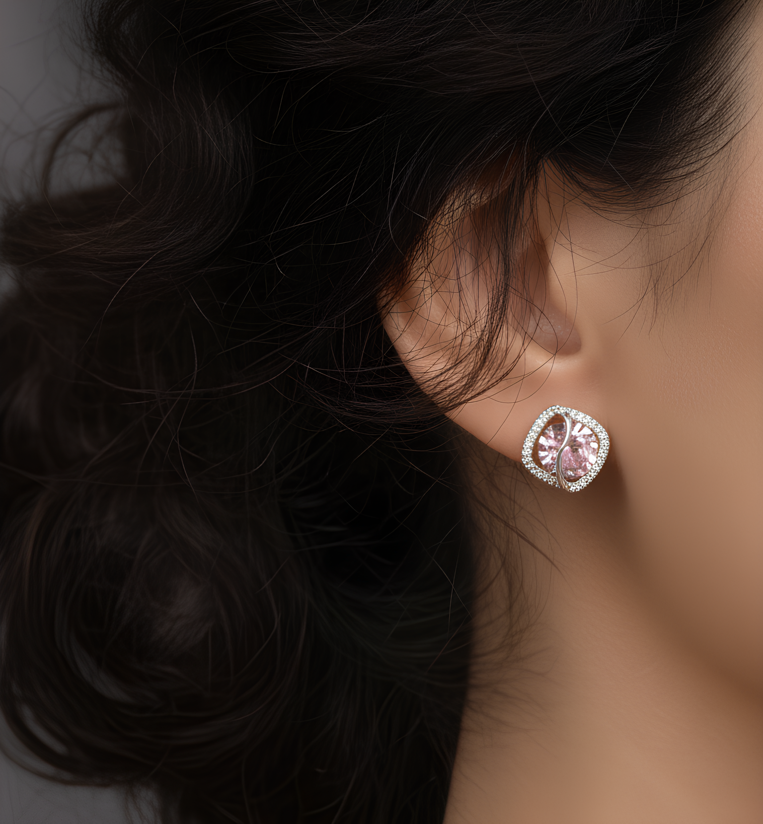 Roselle Curve Stud Earrings – pink square stone earrings with silver curve detail