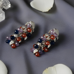 Sterling silver briolette cascade earrings with sapphire blue, orange, and lavender gems – Midnight Flora by Silsilay