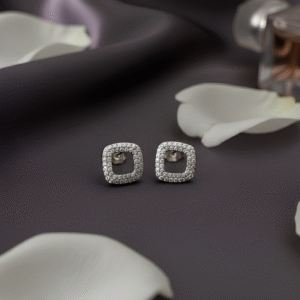 Sterling silver diamond halo square stud earrings – Frosted Grace by Silsilay