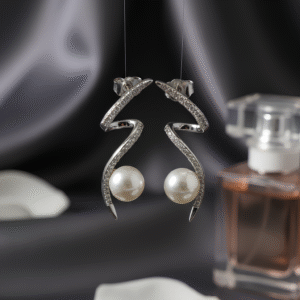 seraphina earrings, pearl drop earrings, elegant silver earrings, wedding guest earrings, luxury earrings India, statement earrings for women, silver jewelry online, handcrafted earrings
