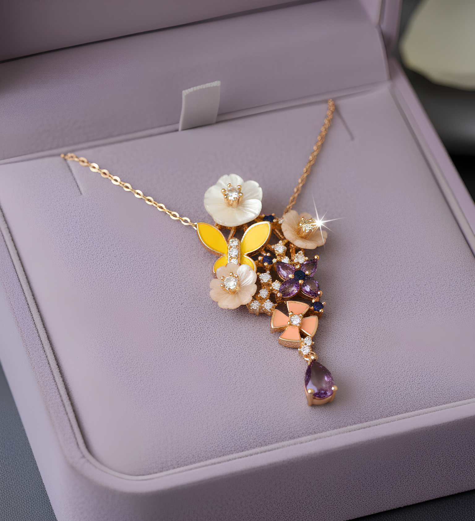 A delicate celebration of nature, the Fiorina Pendant Necklace features a Mother-of-Pearl disc adorned with dainty, colorful floral motifs and a graceful purple teardrop zirconia. Suspended on a gold-finish chain, it captures the poetry of springtime in a timeless, wearable form.