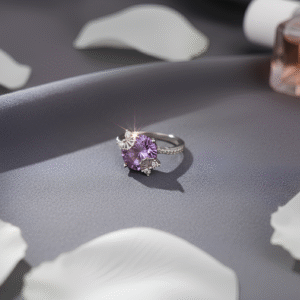 A mesmerizing purple solitaire embraced by delicate snowflake motifs — the perfect statement of winter romance.