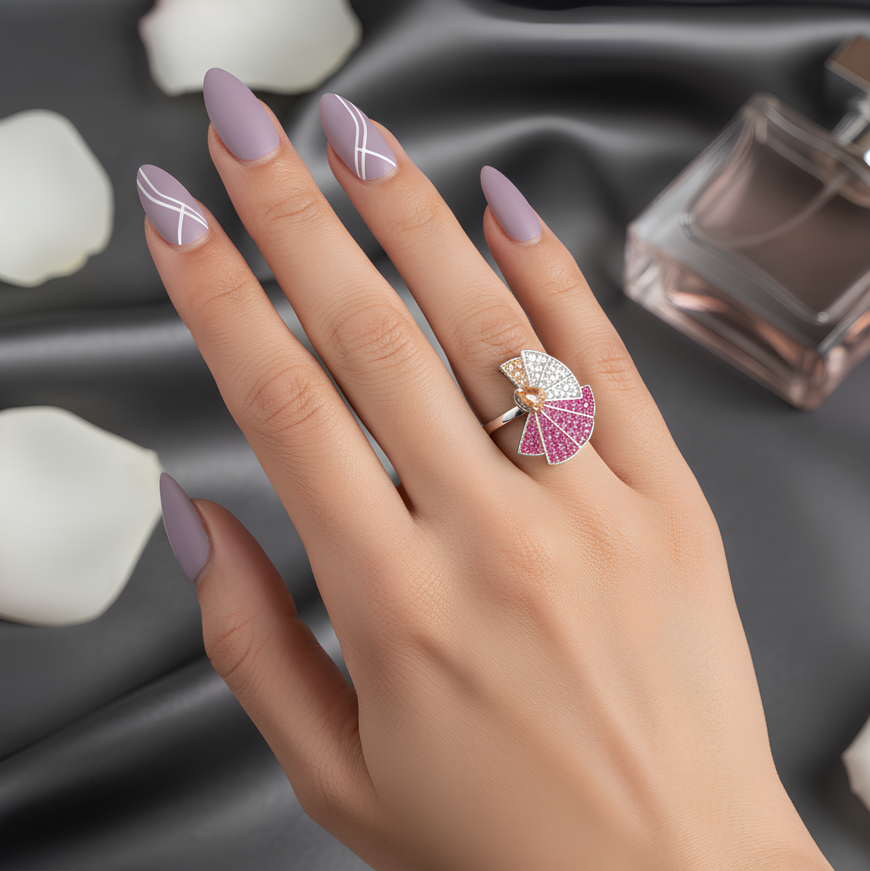 Solara Regal Ring β antique silver statement ring with yellow teardrop zirconia center and geometric half-flower design with 4 pink and 3 white petals