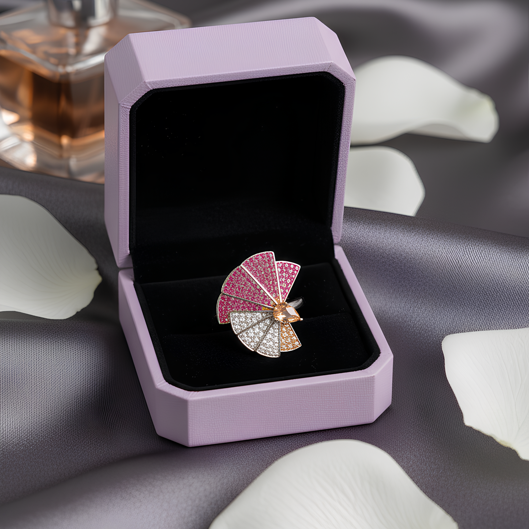 Solara Regal Ring β antique silver statement ring with yellow teardrop zirconia center and geometric half-flower design with 4 pink and 3 white petals