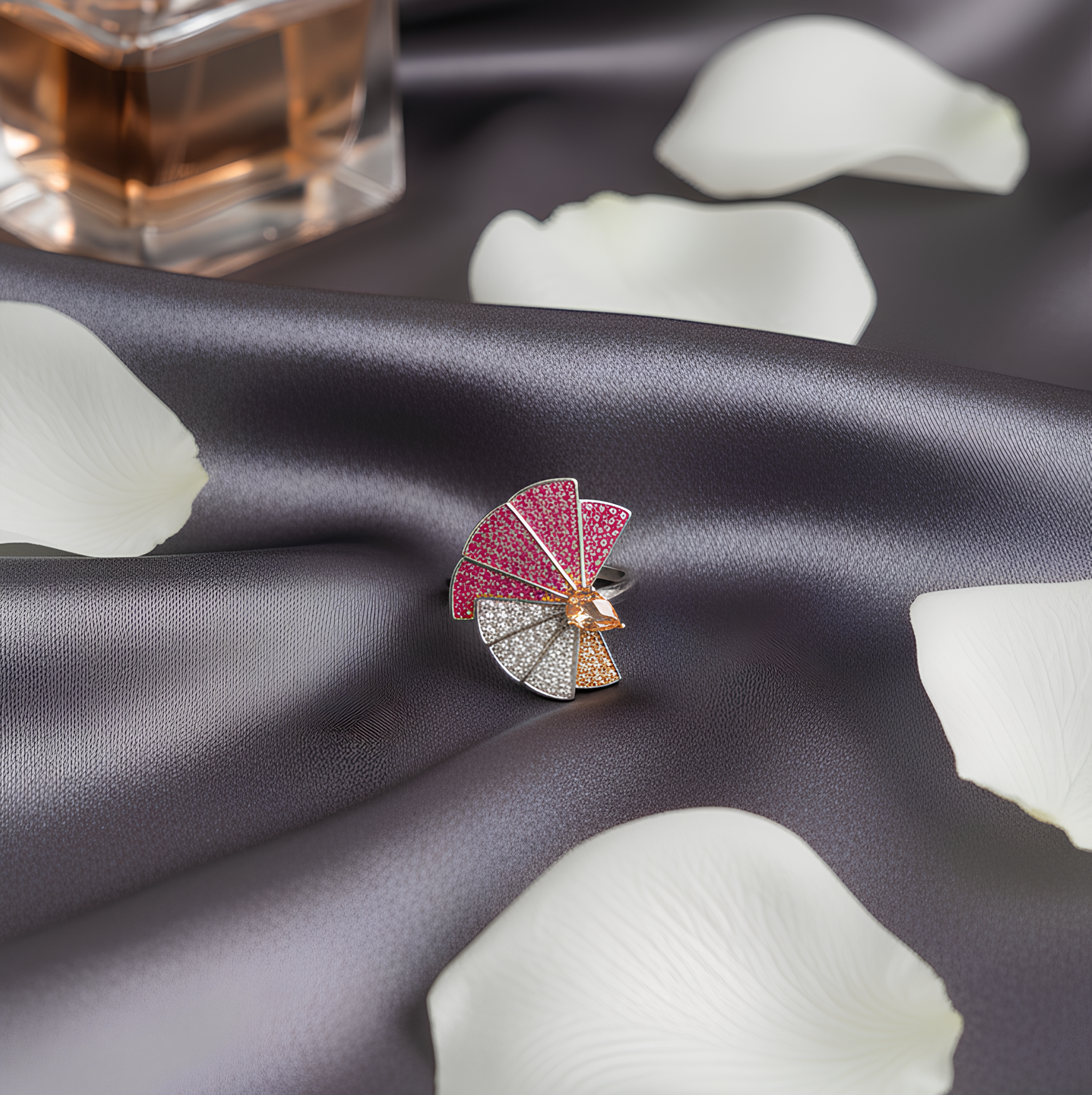 Solara Regal Ring β antique silver statement ring with yellow teardrop zirconia center and geometric half-flower design with 4 pink and 3 white petals